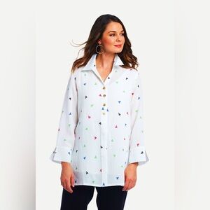 Fridaze AA192 Eleanor Blouse Multi-Color Triangles Print 100% Linen Sz M